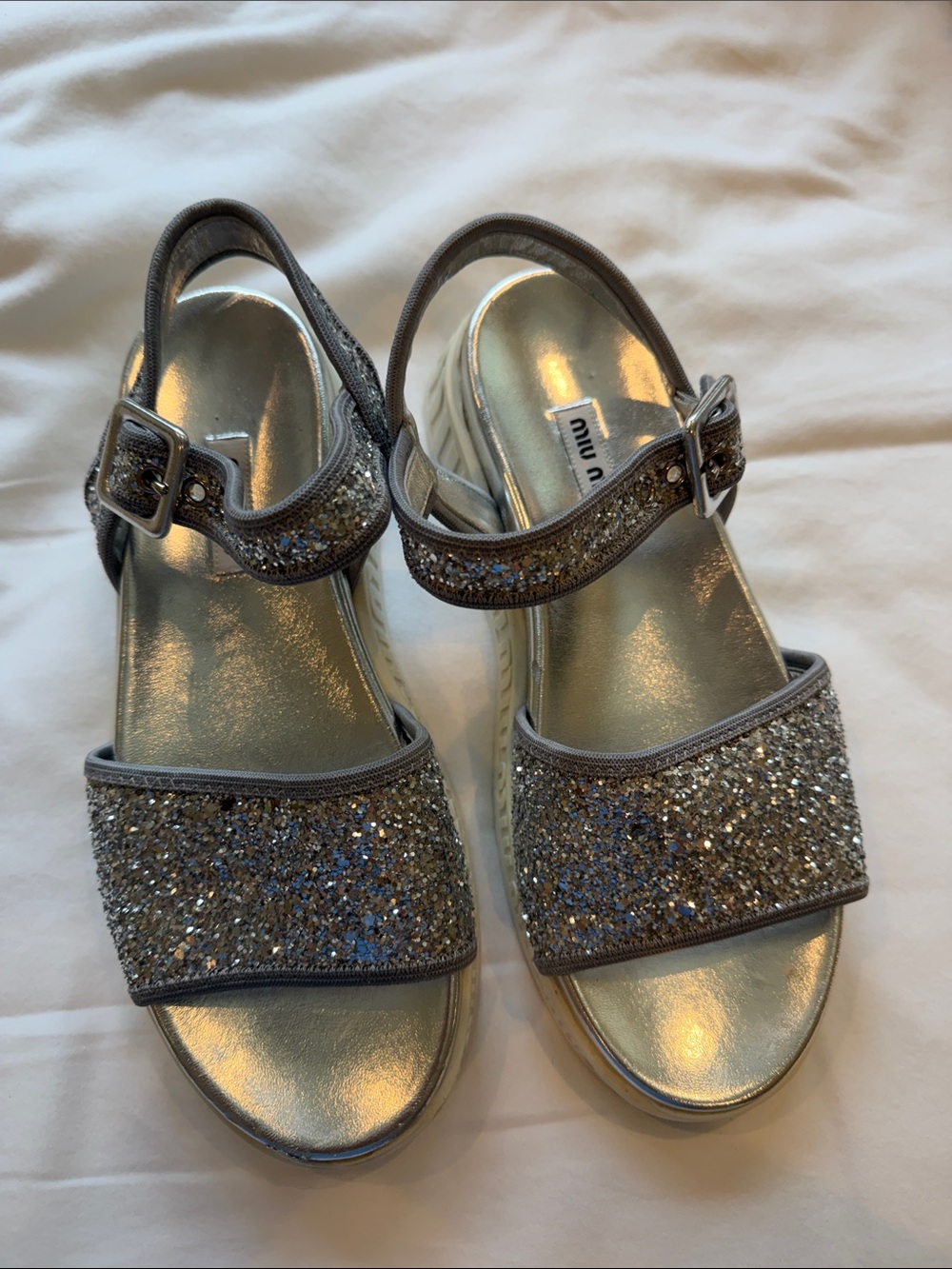 Miu Miu Silver Glitter Platform Sandals with Buckle Strap